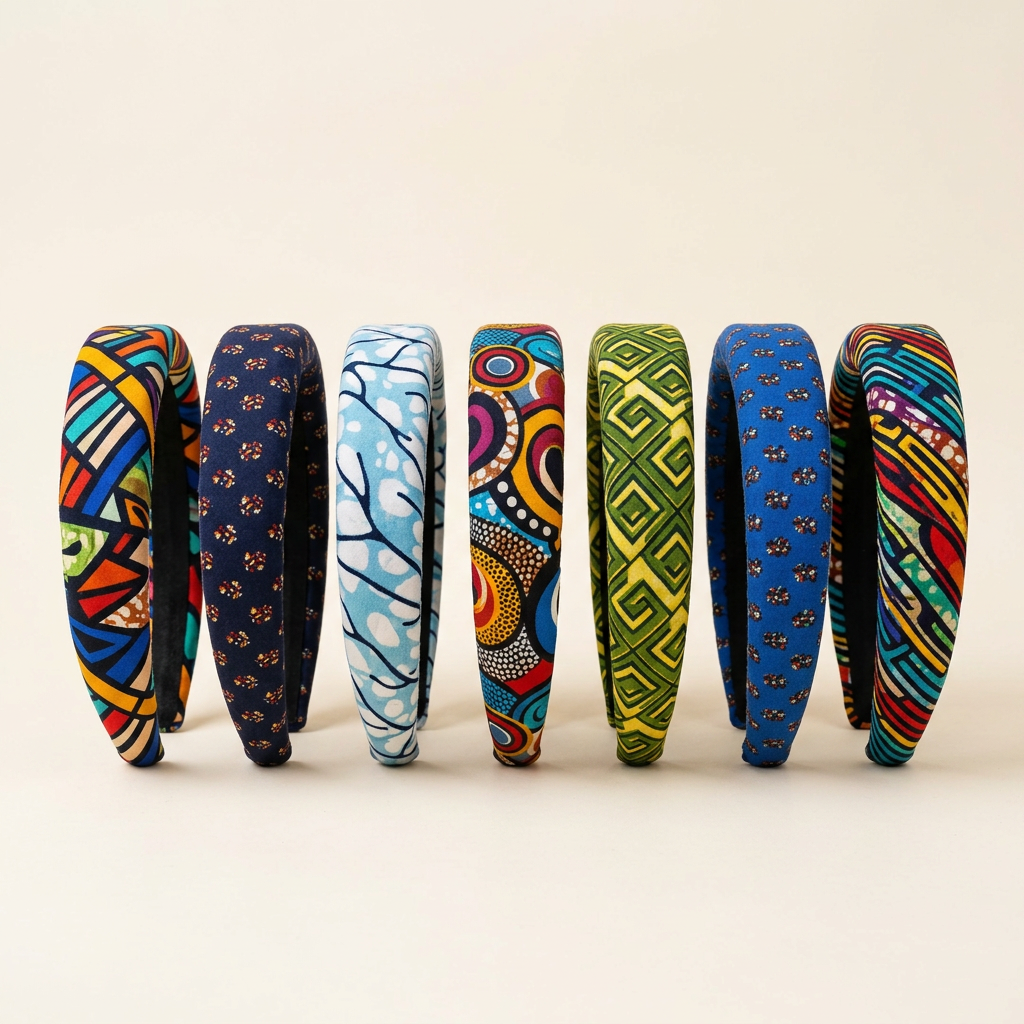 Row of padded African print headbands in assorted designs
