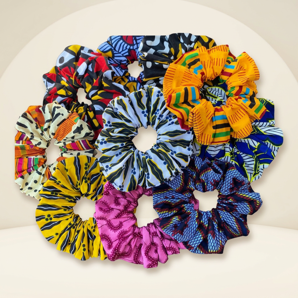 Collection of oversized African print hair scrunchies