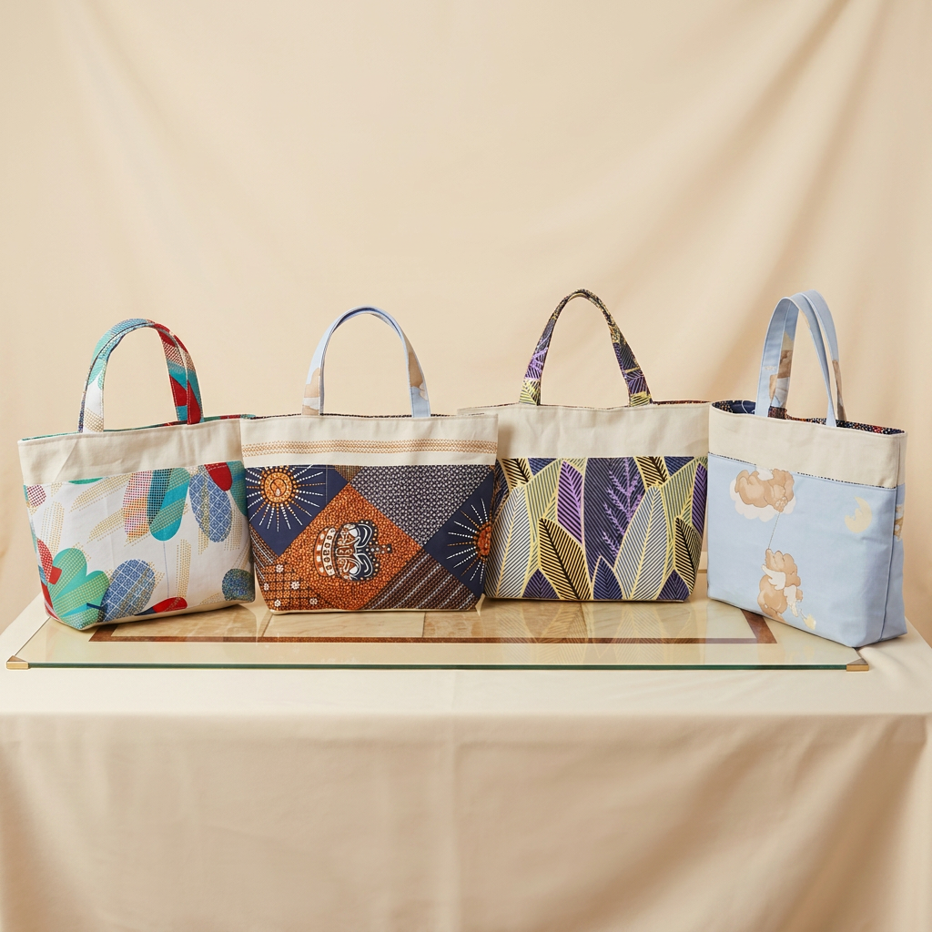 Four handcrafted African print tote bags in a row