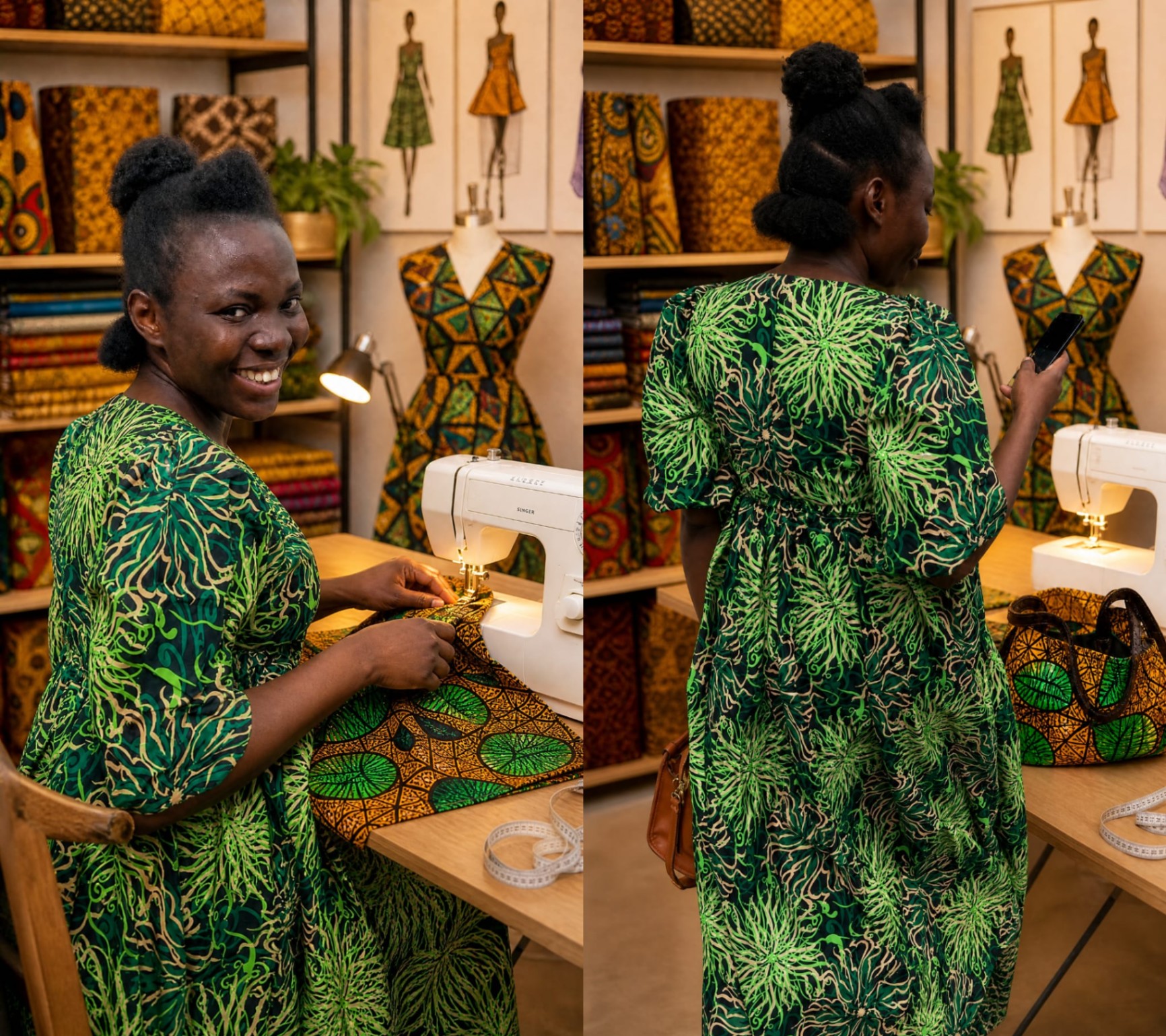 Founder of AfrikBlend Concept sewing African print fabric at her workshop
